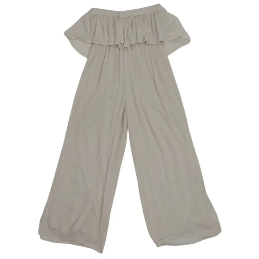 Women's beige offthe-shoulder ruffle jumpsuit with embroidered detail, wide leg